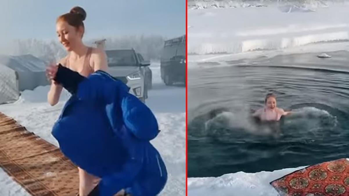 Eksi 55 derecede ırmağa giren Rus bayanın manzaraları viral oldu